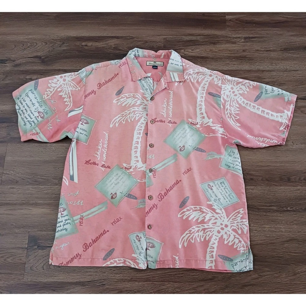 Tommy Bahama Silk Shirt Pink Relax Better Late Mens L‎ Hawaiian Button